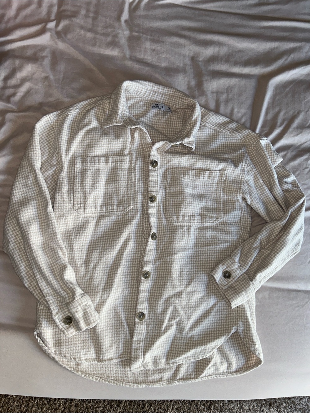 Hollister Cotton Tan and White Houndstooth Button Up Shirt Jacket Women’s Small